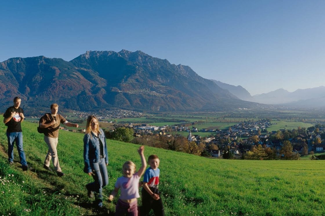 Hikers on the historic high trail in Liechtenstein