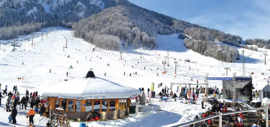 Skiers in the ski resort of Kranjska Gora, Slovenia