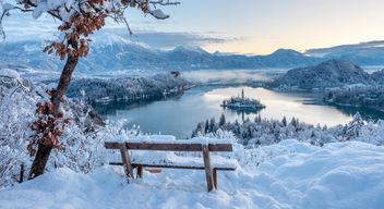 romantischer winterlicher Blick auf den See von Bled